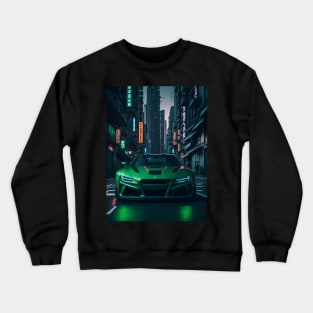 Dark Green Sports Car in Japanese Neon City Crewneck Sweatshirt